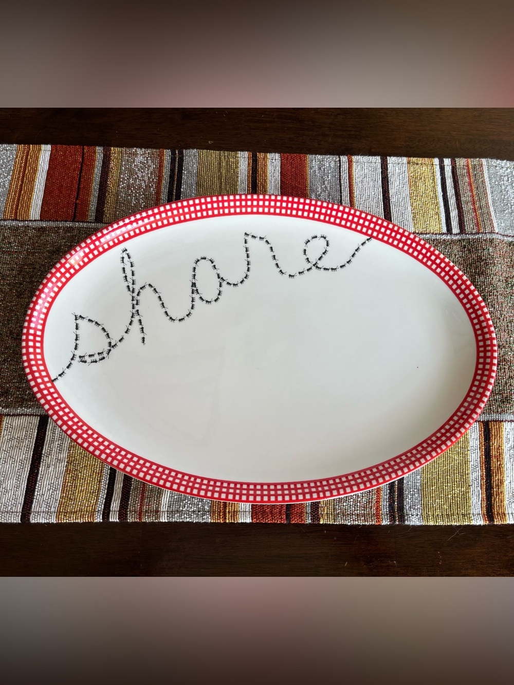 Tag White Ceramic Serving Platter with Red Gingham Rim